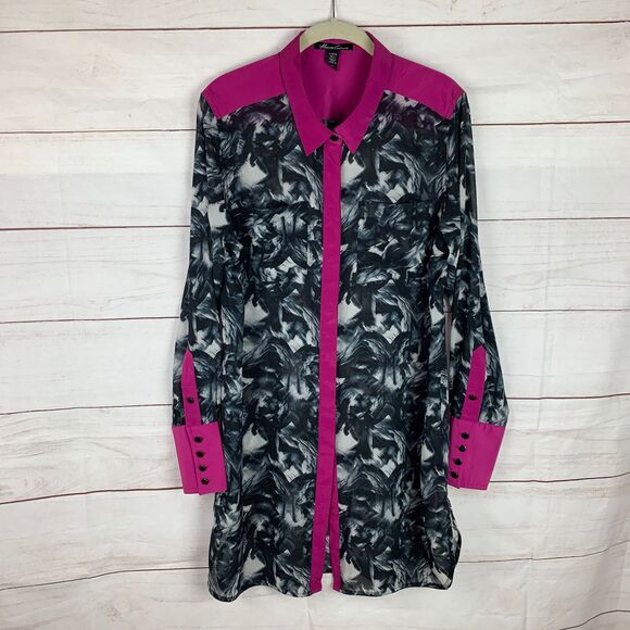 Kenneth Cole Long-sleeved Colorblock Blouse tunic Large 10 Collar Pink Black - Picture 1 of 13
